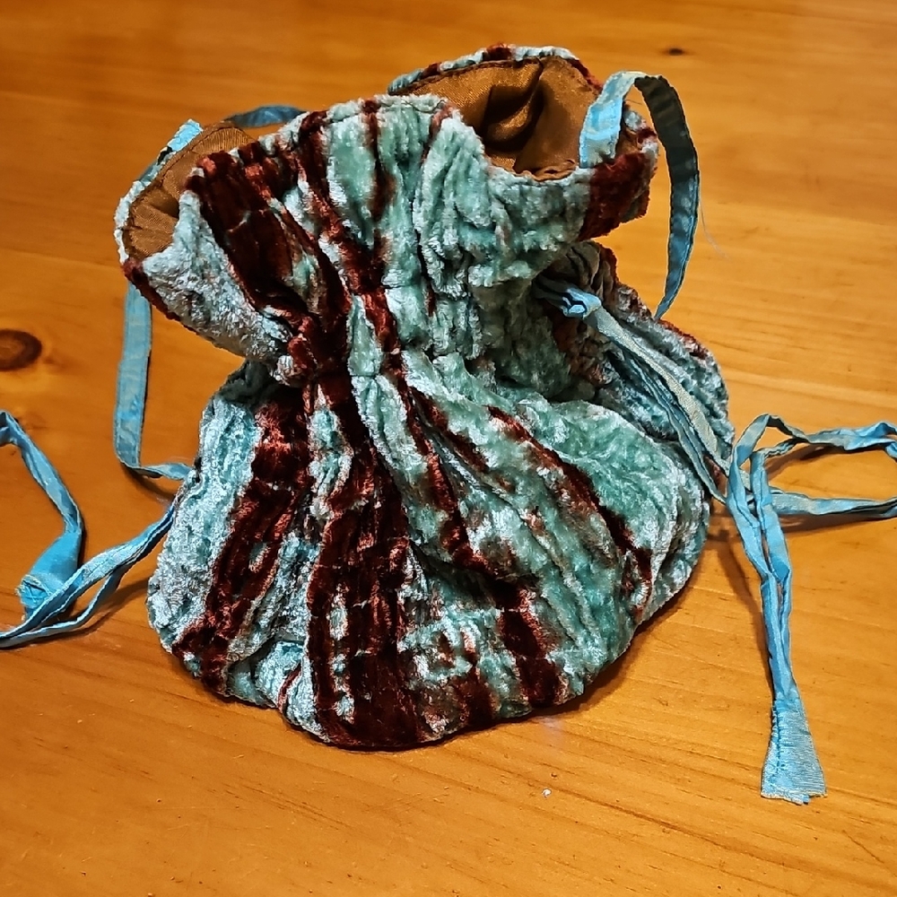 Velvet Drawstring Bag in Teal and Brown. Tote 6